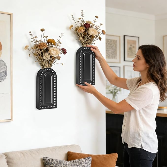 2 Pack Wooden Wall Vase Set with Bead, Modern Farmhouse Boho Wall Decor for Living Room, Entryway, Hallway, Bathroom, Dining Room, Black Wall Art for Home Decoration