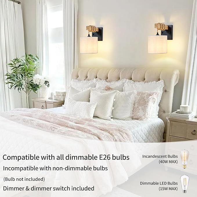 Boho Wall Sconces, Hardwired Farmhouse Fabric Wall Lamps with Wooden Arm & On/Off Dimmable Switch,Rustic Indoor Wall Mount Light Fixtures for Bedroom Nursery Living Room Bathroom