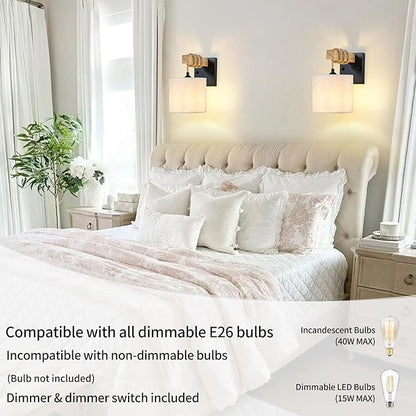 Boho Wall Sconces, Hardwired Farmhouse Fabric Wall Lamps with Wooden Arm & On/Off Dimmable Switch,Rustic Indoor Wall Mount Light Fixtures for Bedroom Nursery Living Room Bathroom