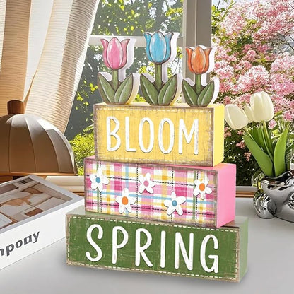 DIYDEC 6Pcs Spring Tabletop Decorations Tulip Wooden Block Signs Rustic Pastel Tulip Tiered Tray Decor Spring Centerpiece Farmhouse Wood Flower Table Sign for Kitchen Home Office Party Decor