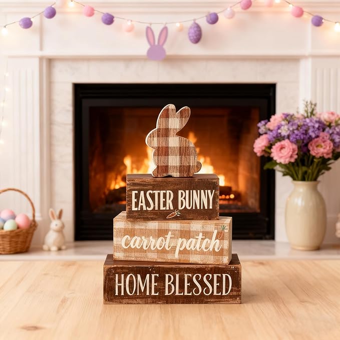 Easter Decorations - Easter Bunny Tiered Tray Decor Set - Wooden Carrot Patch Tabletop Decoration - Rustic Farmhouse Spring Home Decor Indoor for Tiered Tray Shelf Mantel Coffee Table Gift - Spring Home Decor for Living Room, Kitchen Counter