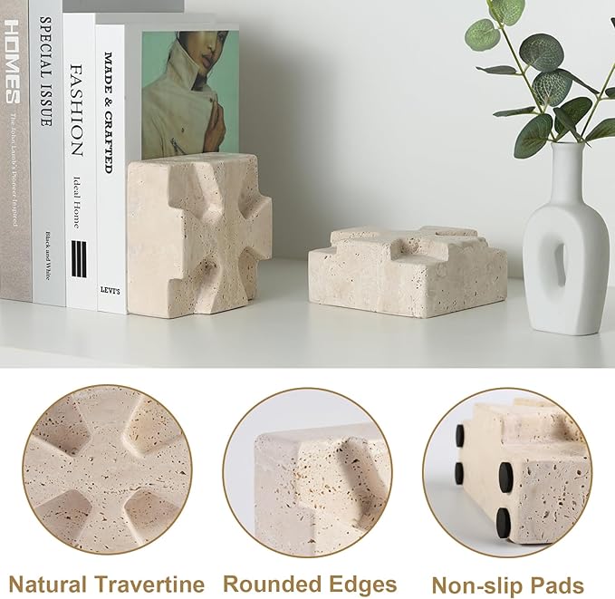 Decorative Square Marble Bookends for Heavy Books – Unique Book Ends for Shelves – Modern Aesthetic Book Holder/Stopper with Non-Slip Pads for Chic Home, Office, or Library Decor(Travertino Turkey)
