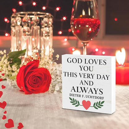 Valentines Desk Decor, Valentine's Day Home Office Table Sign for Wife Daughter from Dad Husband, Valentine Gifts Decorations for Porch Tiered Tray Shelf Party, God Loves You Day and Always