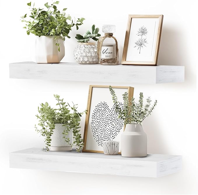 24x6.8x2 Inch Rustic Floating Shelves for Wall Set of 2 - White Solid Wood Wall Mounted Shelves with Invisible Bracket, Extended Design for Farmhouse Living Room Bedroom Kitchen Decor