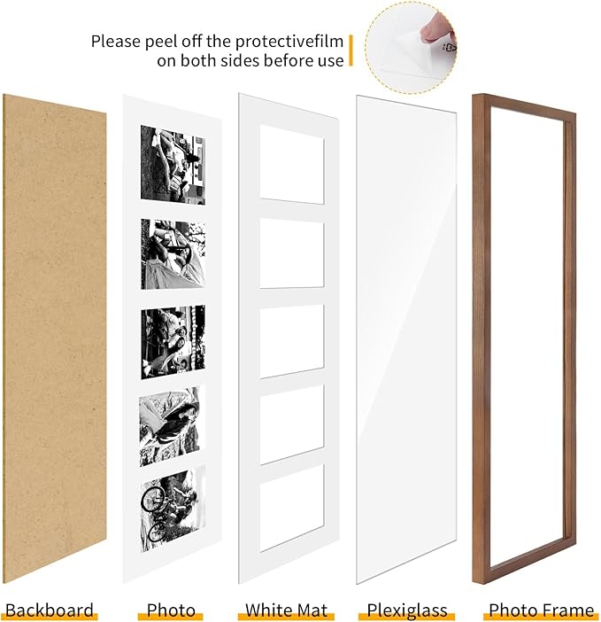 puthiac 8x24 Oak Wood Picture Frame - 8x24 Photo Frame with Mat Display 5Pcs 4x6 Photos, 4x6 Picture Frame Wood, Natural Solid Wooden Picture Frames for Wall Art Decor(1 Pack, Walnut)