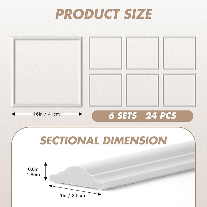 6 Sets Peel and Stick Wall Molding Kit, Premade Wainscoting Panels, Self Adhesive 3D Trim for Interior Walls Picture Frame(16