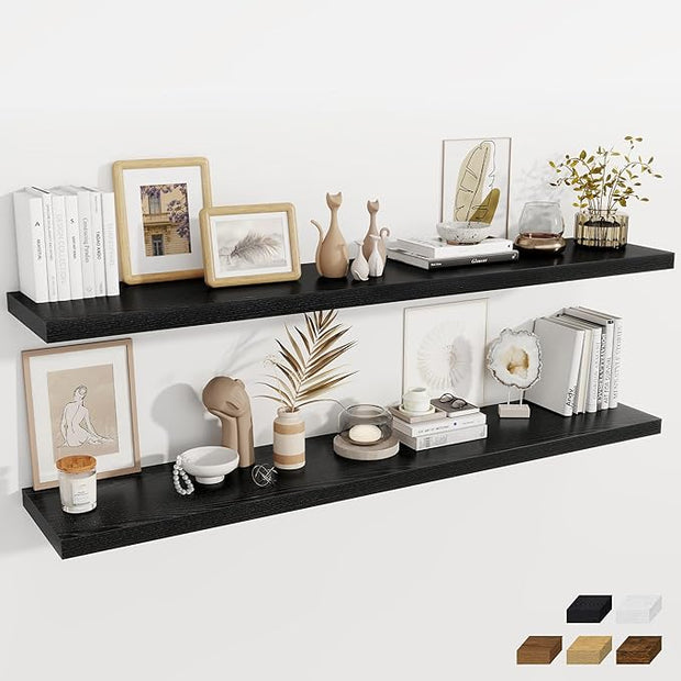 Fun Memories 12 Inch Deep Floating Shelves, 67 Inch Long Extra Large Floating Shelves Set of 2, Rustic Wood Wall Shelves for Living Room, Kitchen, Bedroom, Farmhouse, Laundry Room, Home Office - Black