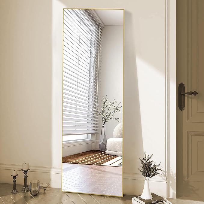 OLIXIS Full Length Mirror for Bedroom, 56"x15" Full Body Mirror with Stand, Hanging or Leaning for Wall, Aluminum Alloy Thin Frame Floor Standing for Living Room, Long, Gold