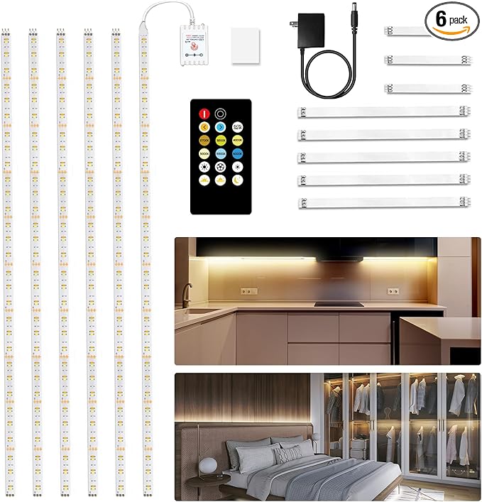 DAYBETTER Under Cabinet Lighting, 6 PCS Under Cabinet Lights, Dimmable LED Strip Lights with Remote, LED Lights for Kitchen Cabinet, Counter, Shelf, 2700K-6500K Warm to Daylight White, Timing, 20 ft