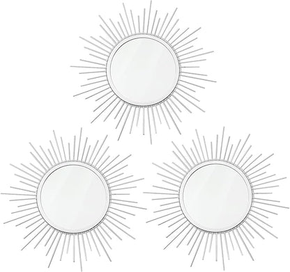 3 Pack Metal Mirrors for Wall Sunburst Wall Mirrors Home Décor Decorative Hanging Wall Art for Living Room Bedroom Entryway (Silver, Sunburst)