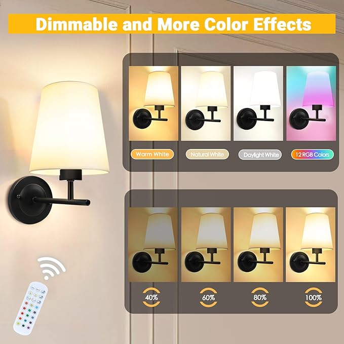 Battery Operated Wall Sconce Set of Two, Black Cordless Rechargeable Wall Lights with Remote and Timer, 12 RGB Colors Dimmable Wall Lamps for Bedroom Living Room Hallway