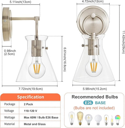 Wall Sconces 2 Pack Modern Vanity Light Fixtures for Bathroom Nickel Wall Mount Lighting Lamp Hardwired Farmhouse Wall Lights with 6 Inch Clear Glass Shade for Bedroom Living Room Mirror