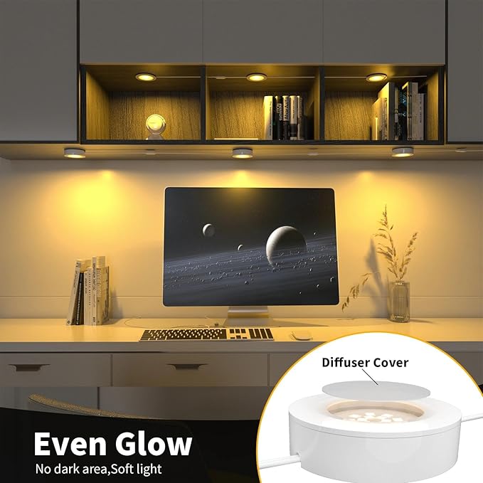 WOBANE LED Puck Lights,Hardwired Under Cabinet Lighting with Switch,DIY Shelf Light for Kitchen,Display,Bookcase,Pantry,Linkable,Recessed & Wall Plug in,Warm White 3000K,120V,Set of 3