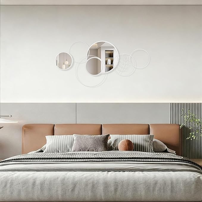 4 Pack White Mirror Set, Wall Mounted Circle Metal Framed Mirror Round Decorative Modern Mirrors for Living Room Bedroom Entryway Decor 16x32 Inch