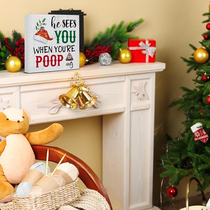 Funny Christmas Decor, Farmhouse Christmas Decorations, Gag Gifts for Women Men, He Sees You When You're Pooping Wooden Sign Rustic Home Bathroom Decor 5 x 5 Inches