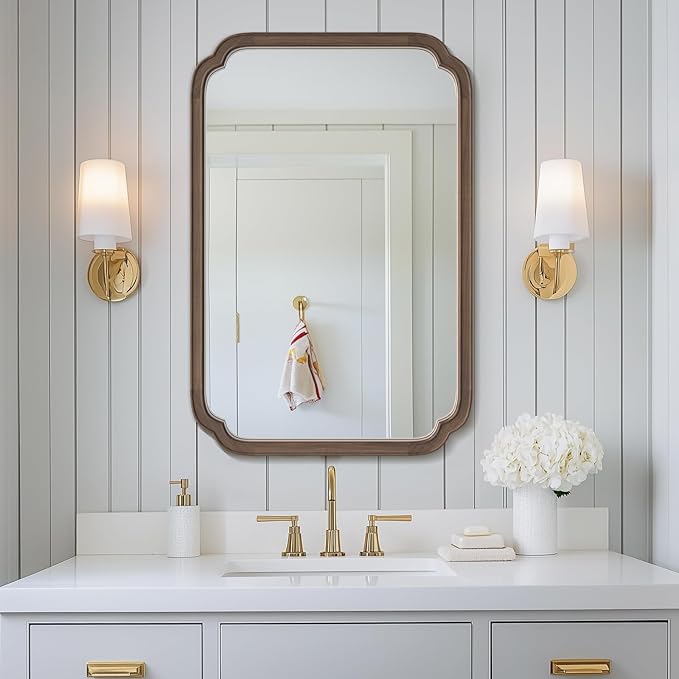 WallBeyond Wood Bathroom Mirror for Wall Mounted with Rounded Corner Wood Frame for Entryway, Living Room or Bedroom Home Decor Vertical or Horizontal Hanging [24