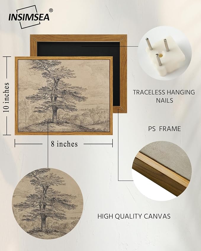 InSimSea Framed Canvas Print Art, Vintage Tree Sketch Landscape Painting, Rustic Farmhouse Cottage Decor for Hallway Wall Floating Shelf Desk Vanity Fireplace,10x8 in, Neutral Tones