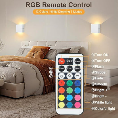 Lightess Rechargeable Wall Sconces with Remote Control Set of 2, Battery Wall Lights Colored, Dimmable LED Wall Lamp for Bedroom Living Room