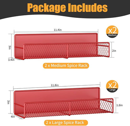 Magnetic Spice Rack for Refrigerator, 4 Pack 100% Metal Strong Magnet Fridge Shelves, Space Saving Spice Organizer, No Drilling Moveable Home Kitchen Laundry Room Storage Organization, Red
