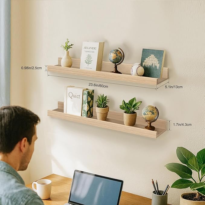 24inch Floating Picture Ledge Shelves 2-Pack, Oak Wall Mounted Shelves with Lip for Nursery, Kids Room, Living Room & Bedroom, Sturdy Floating Book Shelves for Photo Frames & Decor
