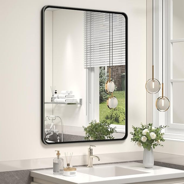 OKPAL 24X32 Inch Black Metal Framed Bathroom Mirror for Wall, Rounded Rectangle Matte Black Vanity Mirror for Bedroom with Beveled Border, Anti-Rust, Shatterproof (Horizontal/Vertical)