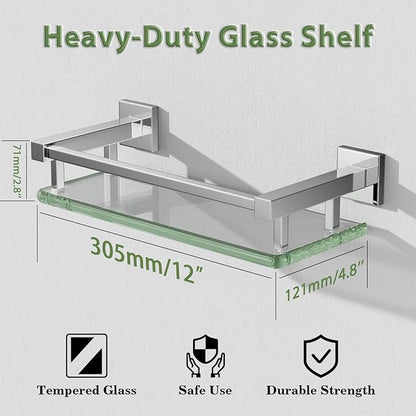 Alise Glass Shelves for Bathroom Wall, Tempered Glass Bathroom Shelf Wall Mounted, Modern Space Saving Floating Shelves 12 inch, Polished Chrome