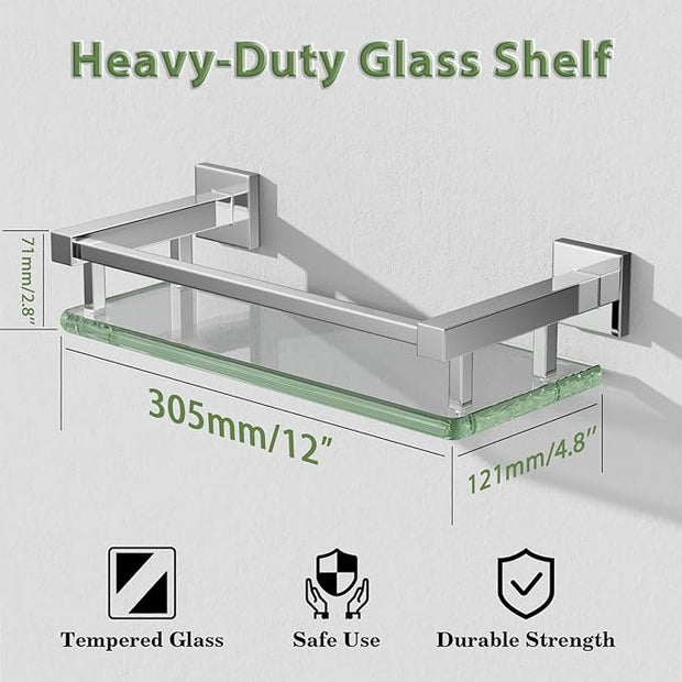 Alise Glass Shelves for Bathroom Wall, Tempered Glass Bathroom Shelf Wall Mounted, Modern Space Saving Floating Shelves 12 inch, Polished Chrome