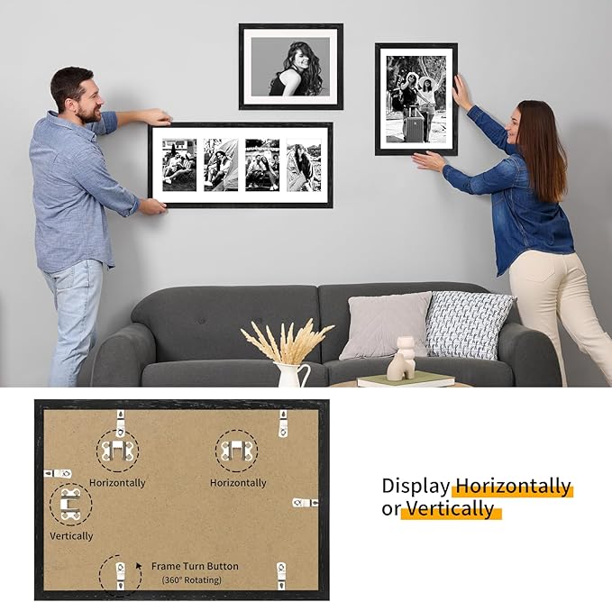 puthiac 9x12 Solid Oak Wood Picture Frame, Fits 6x8 with Mat or 9x12 Without Mat, Wall or Tabletop Display with Stand, Vertical or Horizontal, Plexi Front, 1 Pack, Black