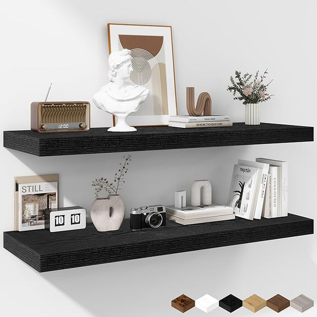 Fun Memories Floating Shelves - 2 Pack 12 Inch Rustic Wooden Wall Shelves - Extra Deeper & Thicker Wall Mounted Storage Shelf for Living Room, Kitchen, Farmhouse - 36" W x 12" D x 1.8"H - Rustic Black