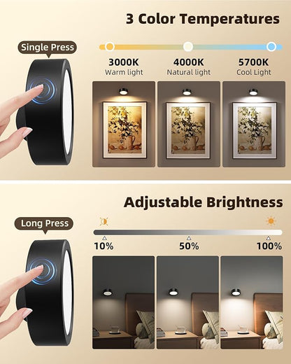 EZVALO LED Wall Mounted Lights, 5500mAh Rechargeable Wall Sconces Lamp, 3 Color Temps & Remote and Touch Control, 360°Rotation Dimmable Cordless Wall Light for Bedroom Reading Study Bedside (3 Pack)
