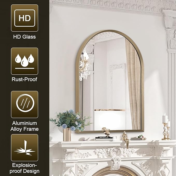 Bathroom Arched Wall Mirror Brushed Metal Vanity Wall Mounted Mirror for LivingRoom Bedroom Entryway Room Vanity Home Decor 26