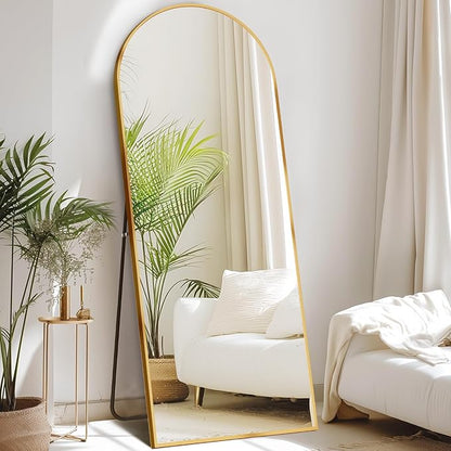 DUMOS 63.6"x20.6" Arched Full Length Mirror with Stand Floor Free Standing Aluminum Frame for Bedroom Body Hanging Leaning Modern Simple Home Decor Shatter-proorf Nano Glass Wall, Gold-Rounded