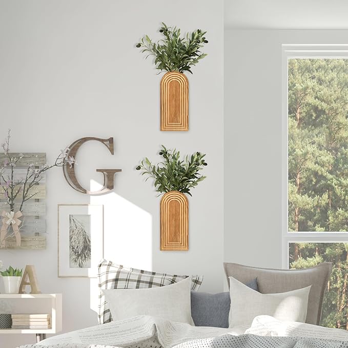 2 Pack Wall Decor Wood Wall Planters for Indoor Plants, Modern Wall Planter for Bathroom, Living Room, Kitchen Decor, Farmhouse Wood Vase for Decor Dried Flowers and Faux Greenery (Rustic Brown)