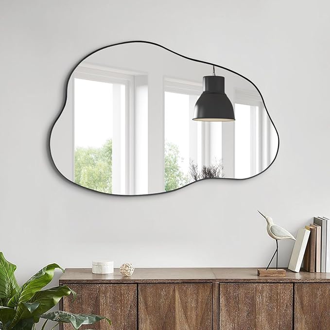 POZINO Asymmetrical Mirror, Black Irregular Mirrors, Cloud Shaped Mirrors, Unique Modern Frameless Mirror for Living Room Bathroom Bedroom Entryway Fireplace,30
