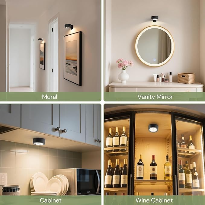 L LOHAS LED Black Battery Operated Picture Light, 3Pcs Magnetic Led Painting Light with Remote Dimmable and Timer, Art Display Light for Picture Frame Paintings, Wireless Wall Decor Puck Lights, 3CCt
