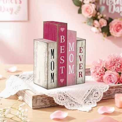 4 Pcs Mothers Day Table Decoration Wooden Book Pink White Tiered Tray Decor Happy Mother's Centerpieces Mom Gifts from Daughter Son for Home Shelf Indoor Party Decoration