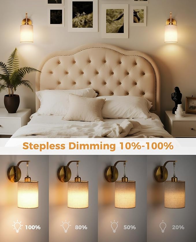 Battery Operated Wall Sconce Set of Two, Pleated Fabric Rechargeable Wireless Wall Sconces with 13000mAh Bulb & Dimmable, Battery Sconces Wall Light Decor Set of 2 for Living Room, Gold