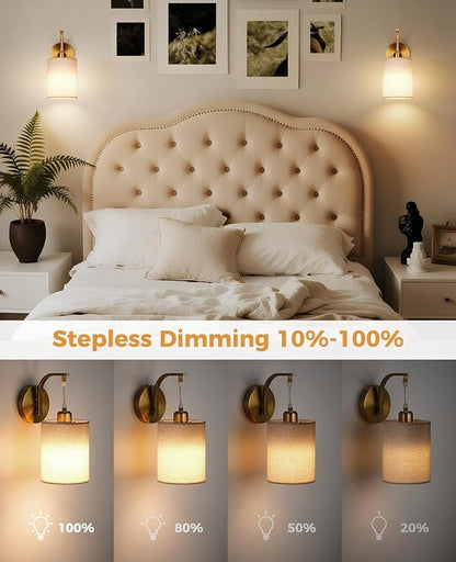Battery Operated Wall Sconce Set of Two, Pleated Fabric Rechargeable Wireless Wall Sconces with 13000mAh Bulb & Dimmable, Battery Sconces Wall Light Decor Set of 2 for Living Room, Gold