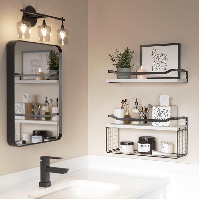 WOPITUES Floating Shelves with Wire Storage Basket, Bathroom Shelves Over Toilet with Protective Metal Guardrail, Wood Wall Shelves for Bathroom Organizers and Storage, Toilet Paper-White