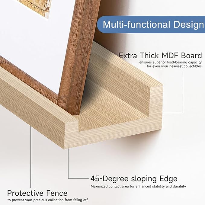 24inch Floating Picture Ledge Shelves 2-Pack, Oak Wall Mounted Shelves with Lip for Nursery, Kids Room, Living Room & Bedroom, Sturdy Floating Book Shelves for Photo Frames & Decor