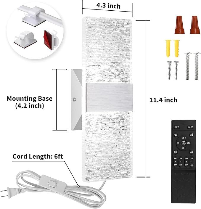 Plug in Wall Sconces with Adjustable 3000K-6500K Colors & 10%-100% Brightness, Sconces Wall Decor Set of 2 with Remote Control, 12W Acrylic LED Plug in Wall Light (2 Pack, Corrugated Finish)