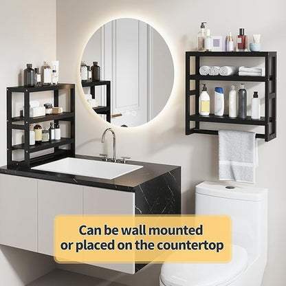 Bathroom Shelves with Hanging Bar Over Toilet Storage - Adjustable Wall Organizer (Black)
