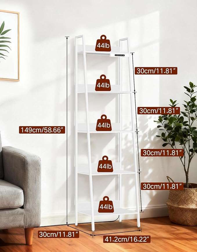5-Tier Small Ladder Shelf with LED Lights, Touch & Remote Control, 3 Color Temperatures, Dimmable Tall Corner Standing Bookcase, Metal Wood Display Shelf for Living Room, Bedroom(White)