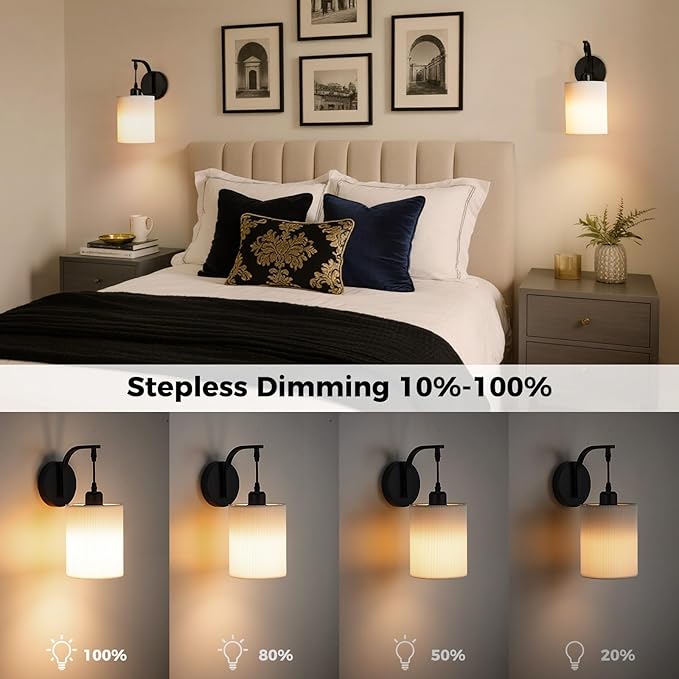 Battery Operated Wall Sconce Set of Two, Pleated Fabric Rechargeable Wireless Wall Sconces with 13000mAh Bulb & Dimmable, Battery Sconces Wall Light Decor Set of 2 for Living Room, Black