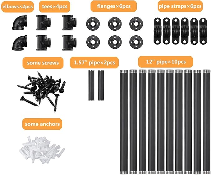 Industrial Pipe Shelf Brackets Wall Mount, Open Black Pipe Shelving for Kitchen,Floating Shelf Brackets Mount,Open Bookshelf Brackets for Shelves,Wall Shelves 12 Inch Deep,(2PcsX3Tier,32