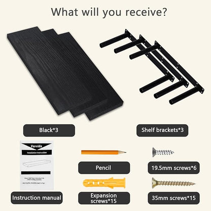Vervida® Home Decor Floating Shelves for Wall 3 Pack 17" W x 6.8" D Black Shelves for Bedroom, Living Room, Kitchen, Bathroom Decor Hanging Shelves for Wall Storage Shelf