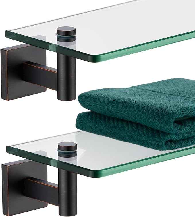 KOKOSIRI Wall Shelves Bathroom Hardware Tempered Glass Floating Shelf Hanging Rack Storage/Room Decor 20-Inch Oil Rubbed Bronze 2 Pack B1105ORB-L20-P2