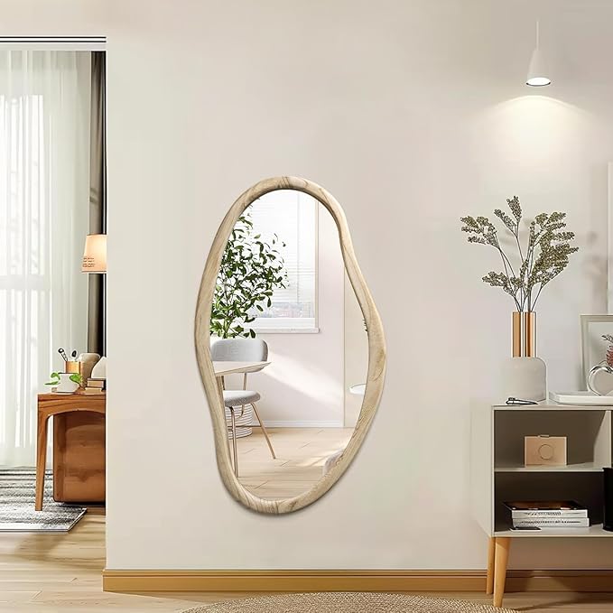 JJUUYOU Irregular Wood Mirror Asymmetrical Bathroom Wall Mounted Mirror 34