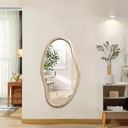 JJUUYOU Irregular Wood Mirror Asymmetrical Bathroom Wall Mounted Mirror 34"x22" Large Horizontal or Vertical Hanging Wall Mirrors for Makeup Bedroom Living Room Wood