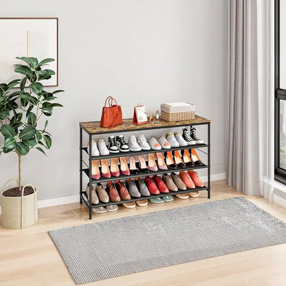 Shoe Rack Organizer 5 Tier Metal Organizer Shelf with Industrial MDF Board and Layer Fabric for Entryway Closet Bedroom Living Room Garage (Black+Rustic Brown, 4 Tier(47.2" W))